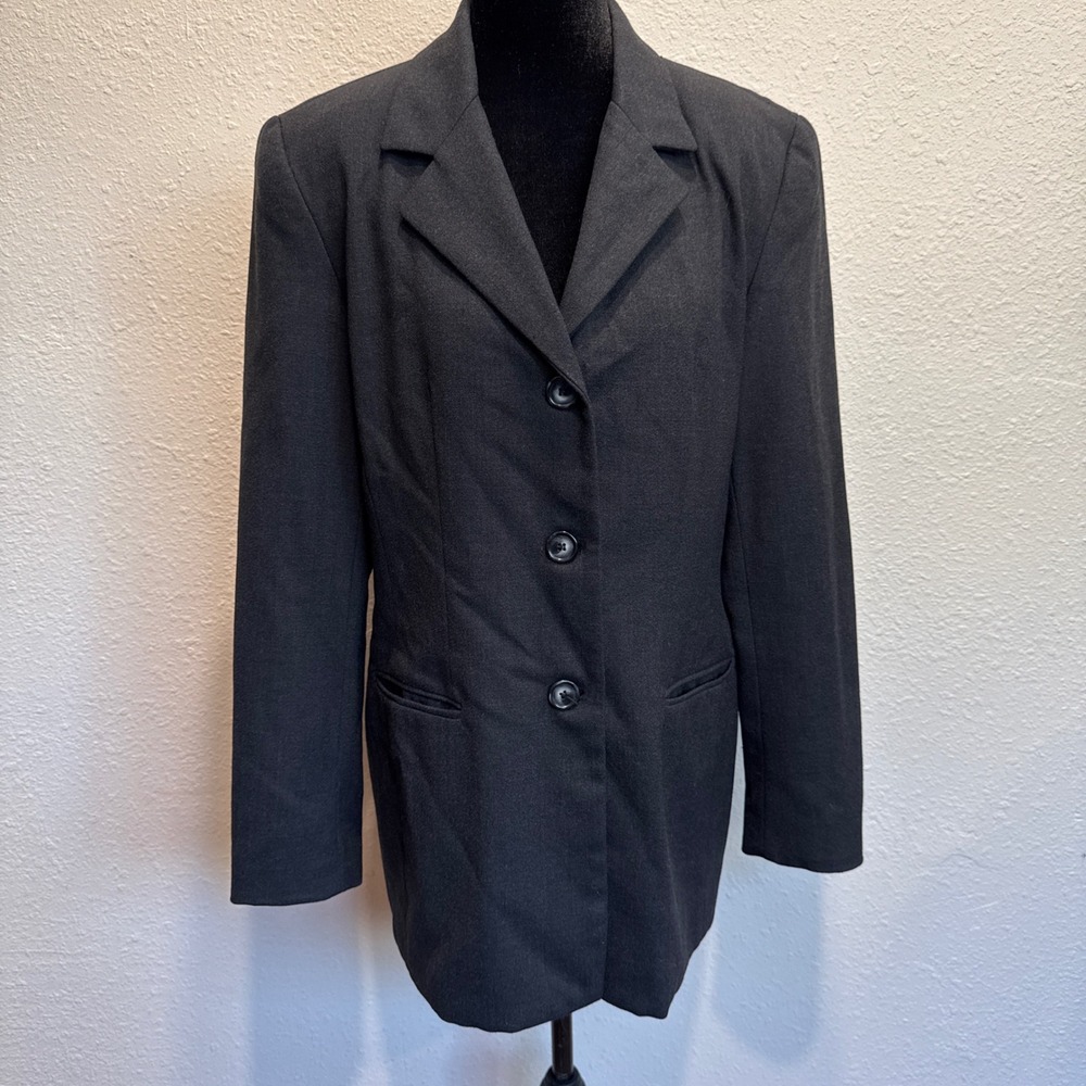 Vintage Talbots Wool Blazer Charcoal Grey 3 Button Longline Jacket USA 10